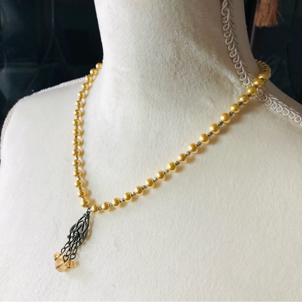 Handcrafted vintage repurpose salvaged cream Czech glass Pearl necklace